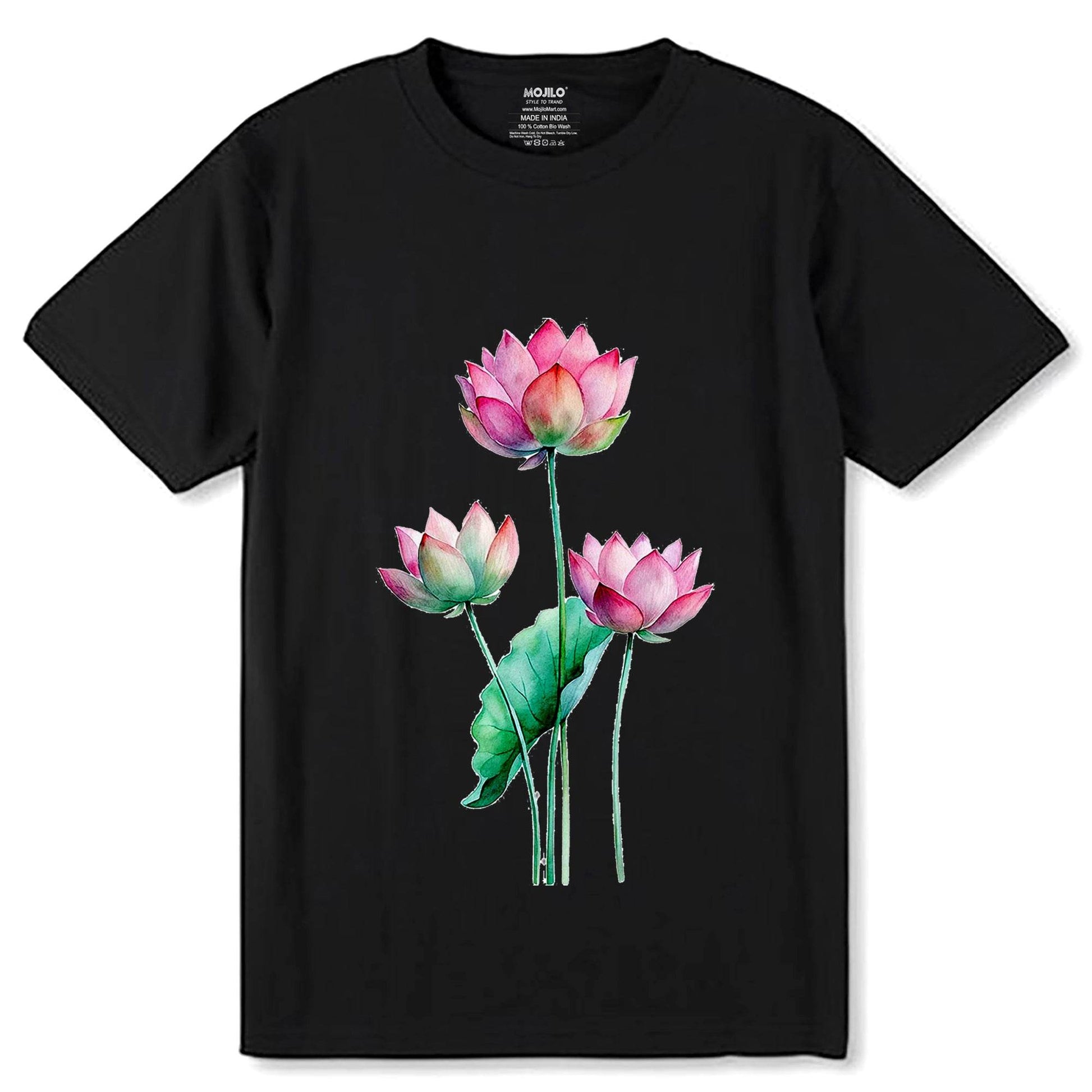 Pink Lotus Flower - Unisex Round Neck Regular Fit 100% Combed Cotton Half Sleeve T-Shirt - Mojilo Mart