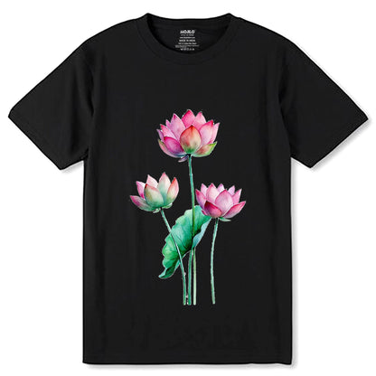 Pink Lotus Flower - Unisex Round Neck Regular Fit 100% Combed Cotton Half Sleeve T-Shirt - Mojilo Mart