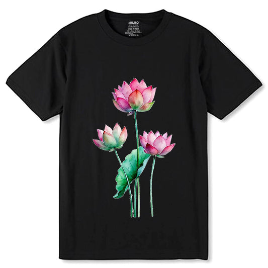 Pink Lotus Flower - Unisex Round Neck Regular Fit 100% Combed Cotton Half Sleeve T-Shirt - Mojilo Mart