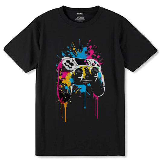 Playstation controller with a multi-coloured ink splash - Unisex Round Neck Regular Fit 100% Combed Cotton Half Sleeve T-Shirt - Mojilo Mart