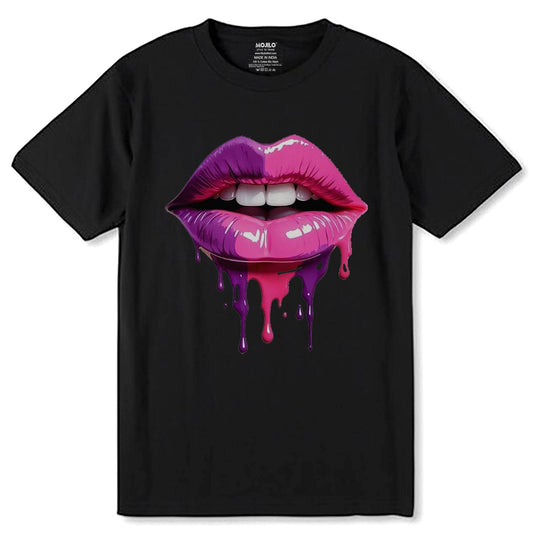 Purple and pink lips with a dripping liquid - Unisex Round Neck Regular Fit 100% Combed Cotton Half Sleeve T-Shirt - Mojilo Mart