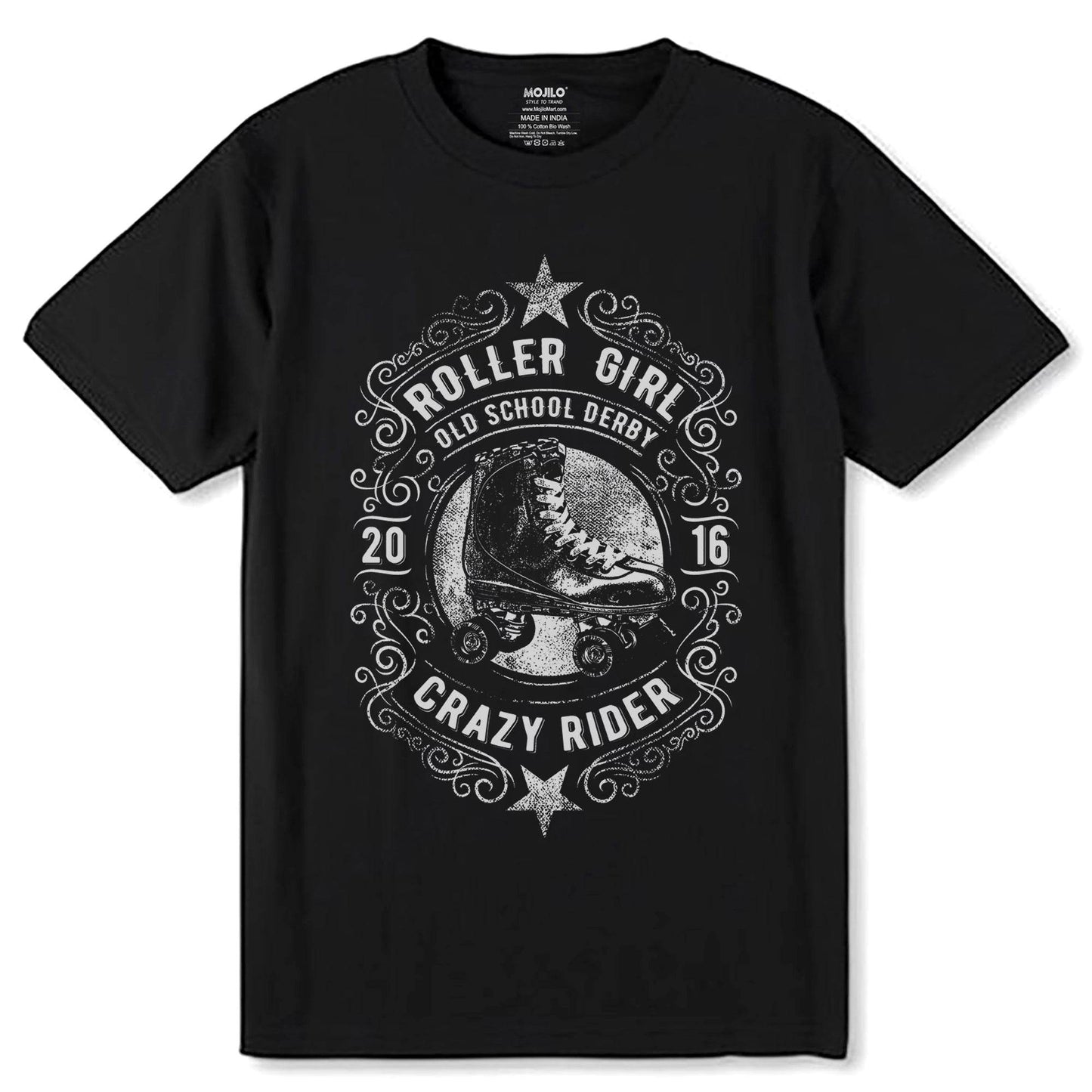 ROLLER GIRL OLD SCHOOL DERBY 2016 CRAZY RIDER - Unisex Round Neck Regular Fit 100% Combed Cotton Half Sleeve T-Shirt - Mojilo Mart