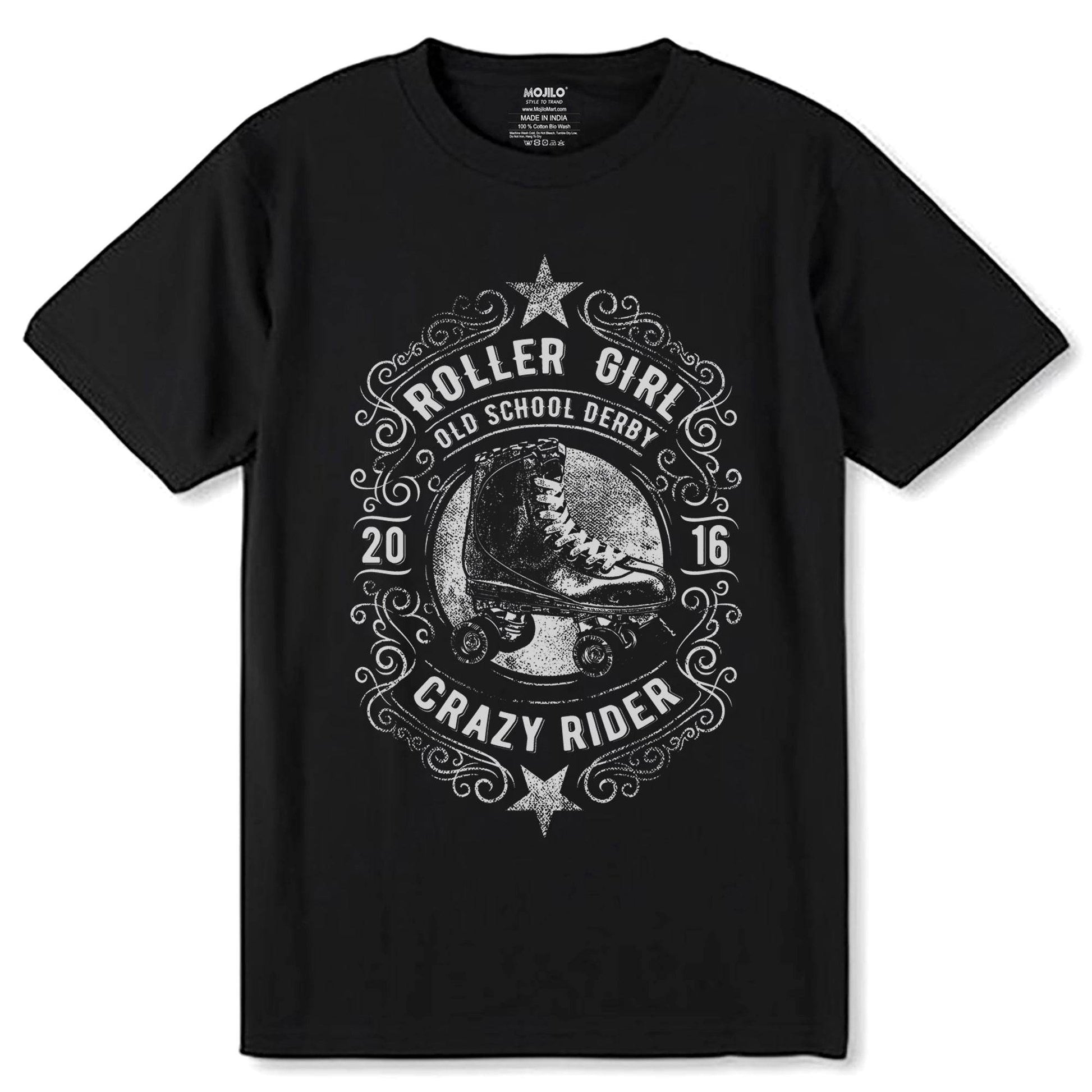 ROLLER GIRL OLD SCHOOL DERBY 2016 CRAZY RIDER - Unisex Round Neck Regular Fit 100% Combed Cotton Half Sleeve T-Shirt - Mojilo Mart