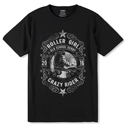 ROLLER GIRL OLD SCHOOL DERBY 2016 CRAZY RIDER - Unisex Round Neck Regular Fit 100% Combed Cotton Half Sleeve T-Shirt - Mojilo Mart