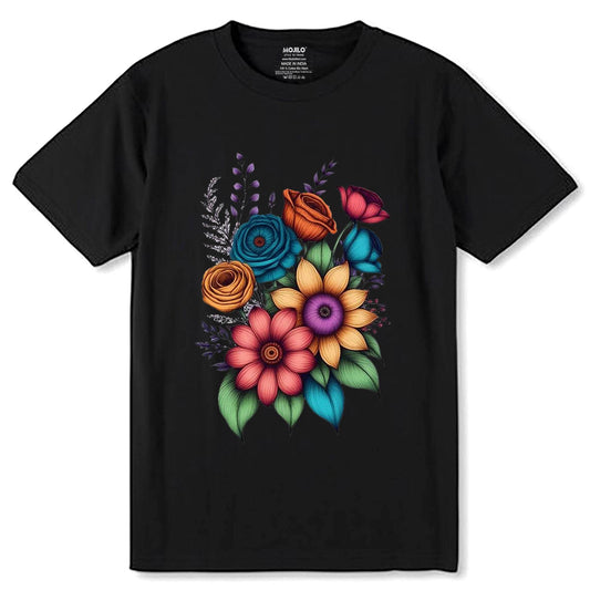 Retro Pressed Flowers - Unisex Round Neck Regular Fit 100% Combed Cotton Half Sleeve T-Shirt - Mojilo Mart