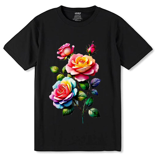 Rose Flowers Colors - Unisex Round Neck Regular Fit 100% Combed Cotton Half Sleeve T-Shirt - Mojilo Mart