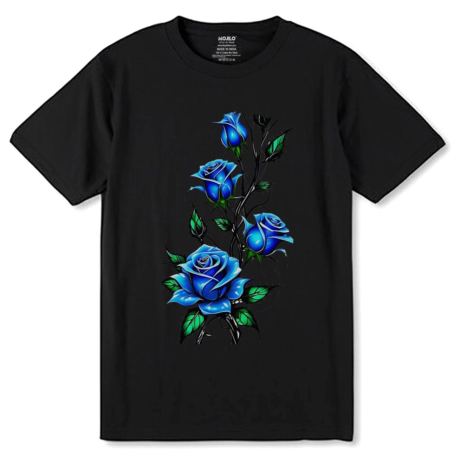 Rose In BLUE Color - Unisex Round Neck Regular Fit 100% Combed Cotton Half Sleeve T-Shirt - Mojilo Mart