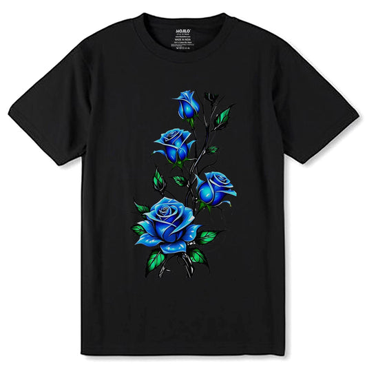 Rose In BLUE Color - Unisex Round Neck Regular Fit 100% Combed Cotton Half Sleeve T-Shirt - Mojilo Mart