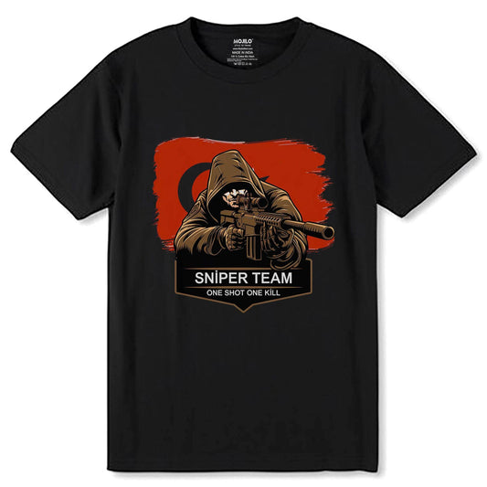 SNIPER TEAM ONE SHOT ONE K?LL - Unisex Round Neck Regular Fit 100% Combed Cotton Half Sleeve T-Shirt - Mojilo Mart