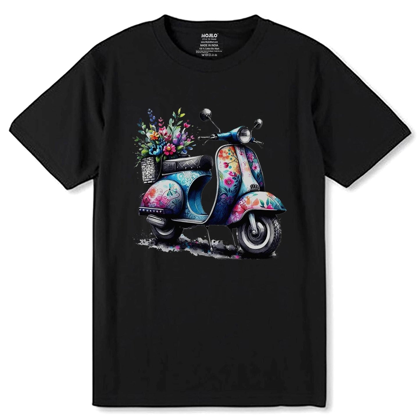 Scooter with Various Flowers Clipart - Unisex Round Neck Regular Fit 100% Combed Cotton Half Sleeve T-Shirt - Mojilo Mart