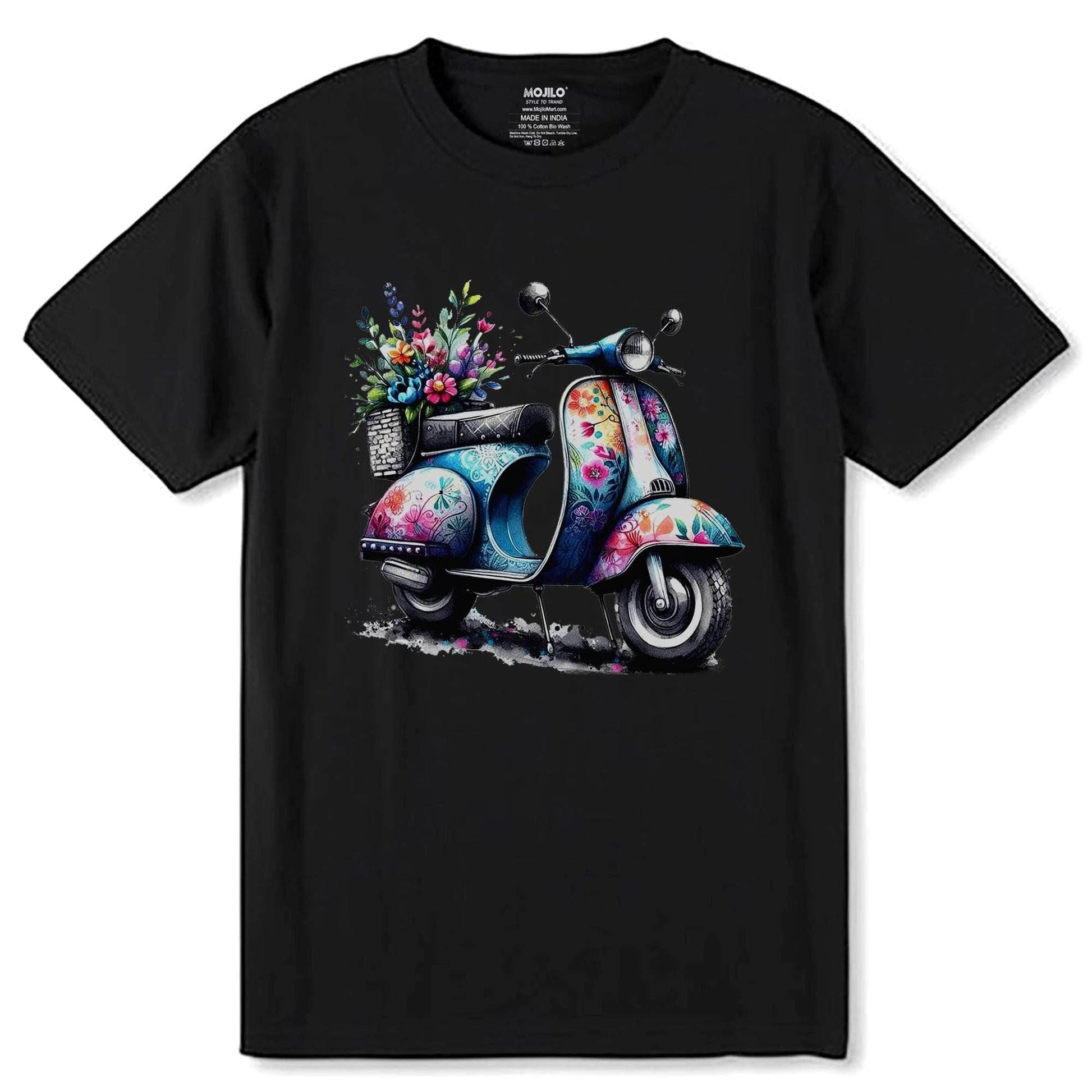 Scooter with Various Flowers Clipart - Unisex Round Neck Regular Fit 100% Combed Cotton Half Sleeve T-Shirt - Mojilo Mart