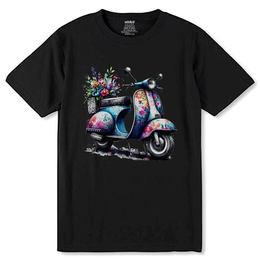Scooter with Various Flowers Clipart - Unisex Round Neck Regular Fit 100% Combed Cotton Half Sleeve T-Shirt - Mojilo Mart