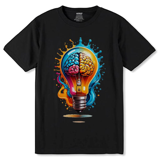Spark Your Genius Colorful Brain Light Bulb - Unisex Round Neck Regular Fit 100% Combed Cotton Half Sleeve T-Shirt - Mojilo Mart