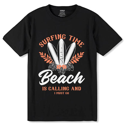 Surfing Time Beach Is Calling And I Must Go - Unisex Round Neck Regular Fit 100% Combed Cotton Half Sleeve T-Shirt - Mojilo Mart