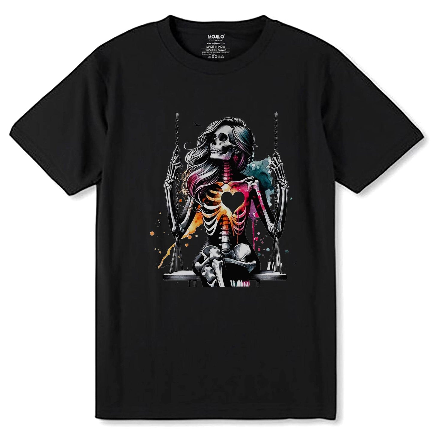 Swinging Skeleton WOMEN - Unisex Round Neck Regular Fit 100% Combed Cotton Half Sleeve T-Shirt - Mojilo Mart