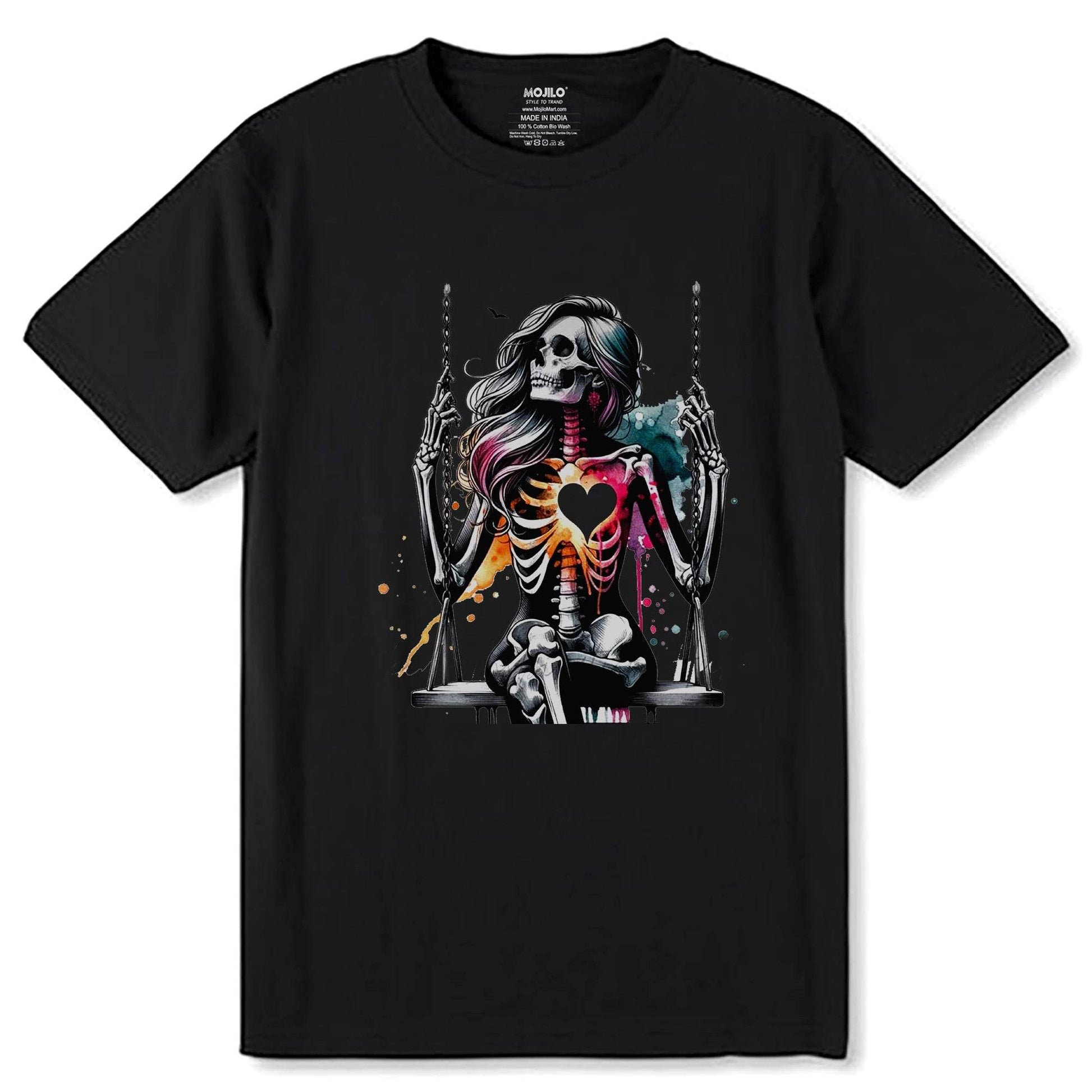 Swinging Skeleton WOMEN - Unisex Round Neck Regular Fit 100% Combed Cotton Half Sleeve T-Shirt - Mojilo Mart
