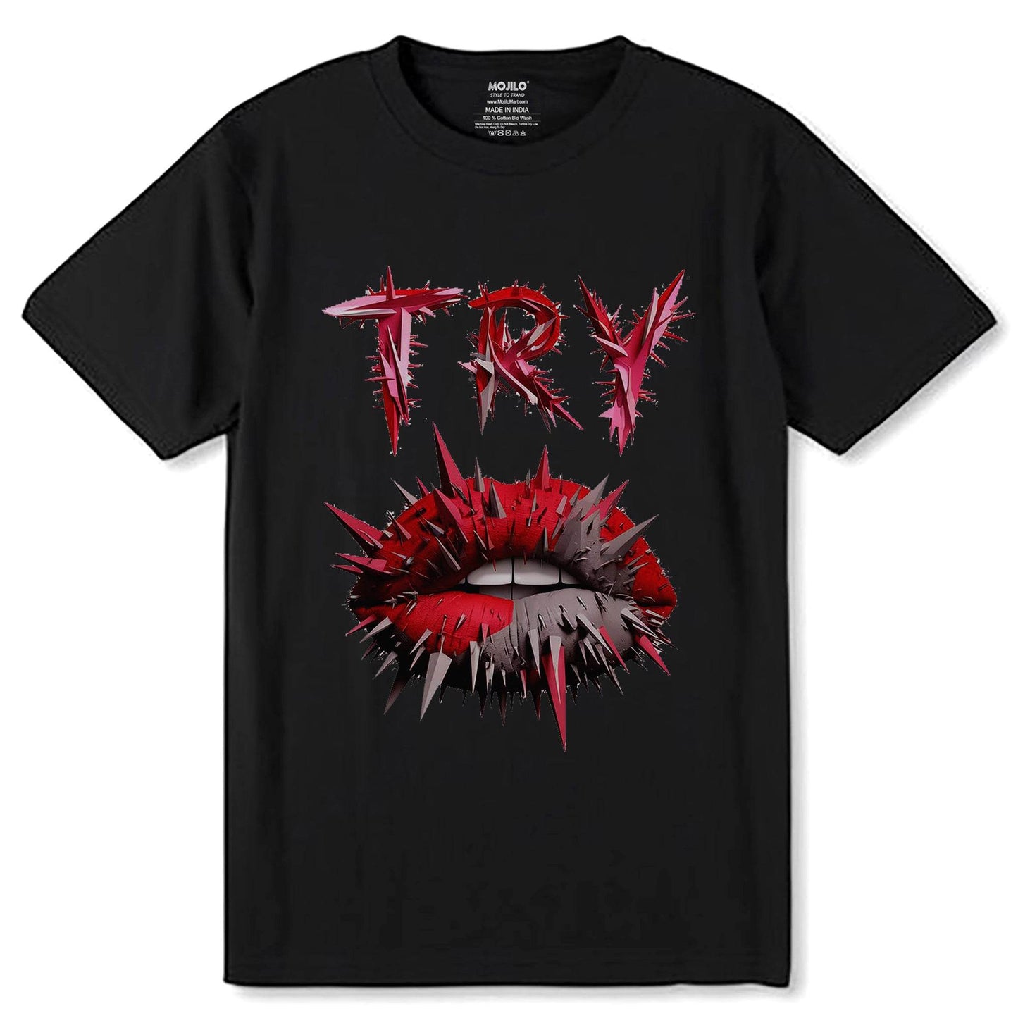 TRY lips - Unisex Round Neck Regular Fit 100% Combed Cotton Half Sleeve T-Shirt - Mojilo Mart