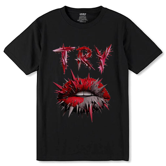 TRY lips - Unisex Round Neck Regular Fit 100% Combed Cotton Half Sleeve T-Shirt - Mojilo Mart