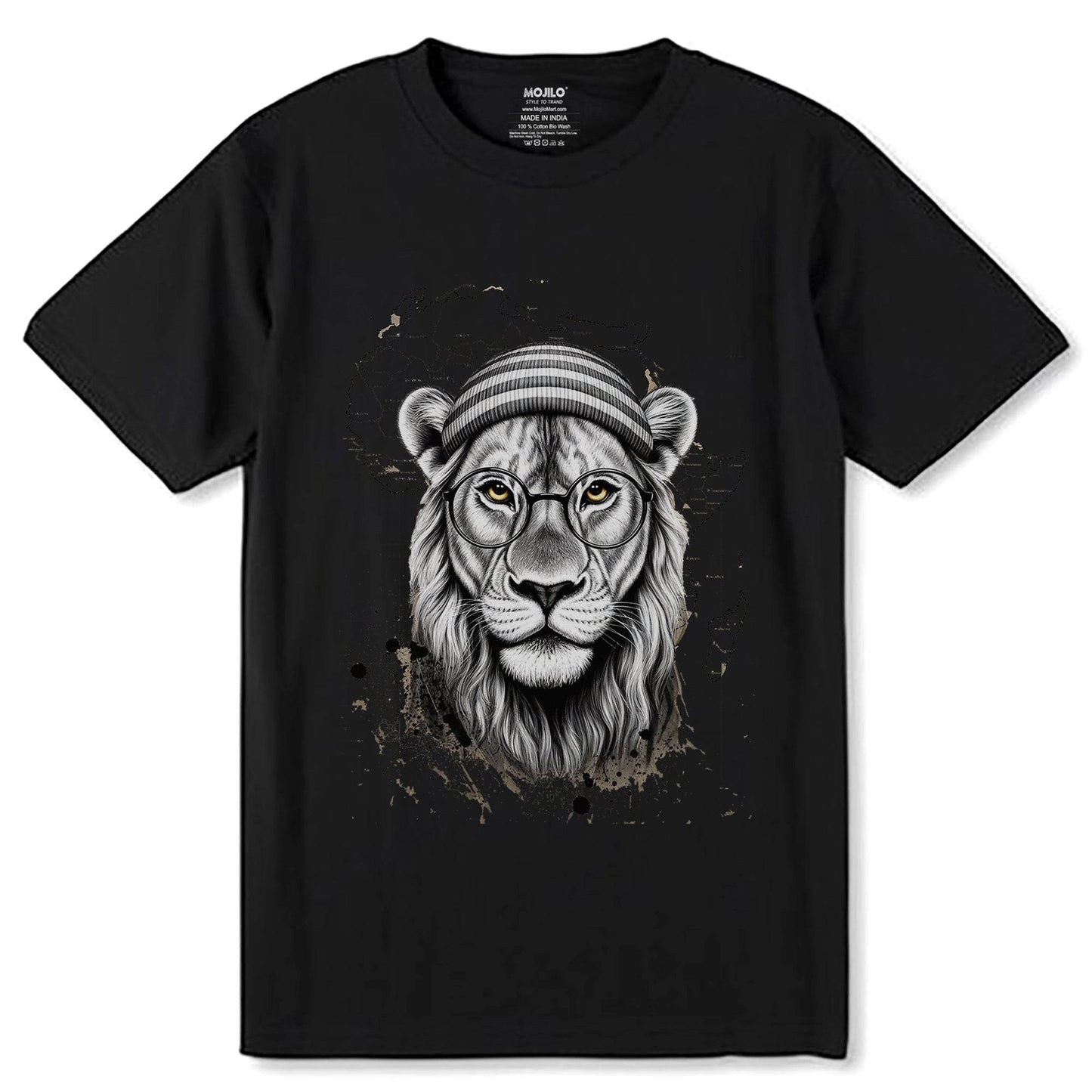 The Head Of A Lion With Glasses Drawn - Unisex Round Neck Regular Fit 100% Combed Cotton Half Sleeve T-Shirt - Mojilo Mart
