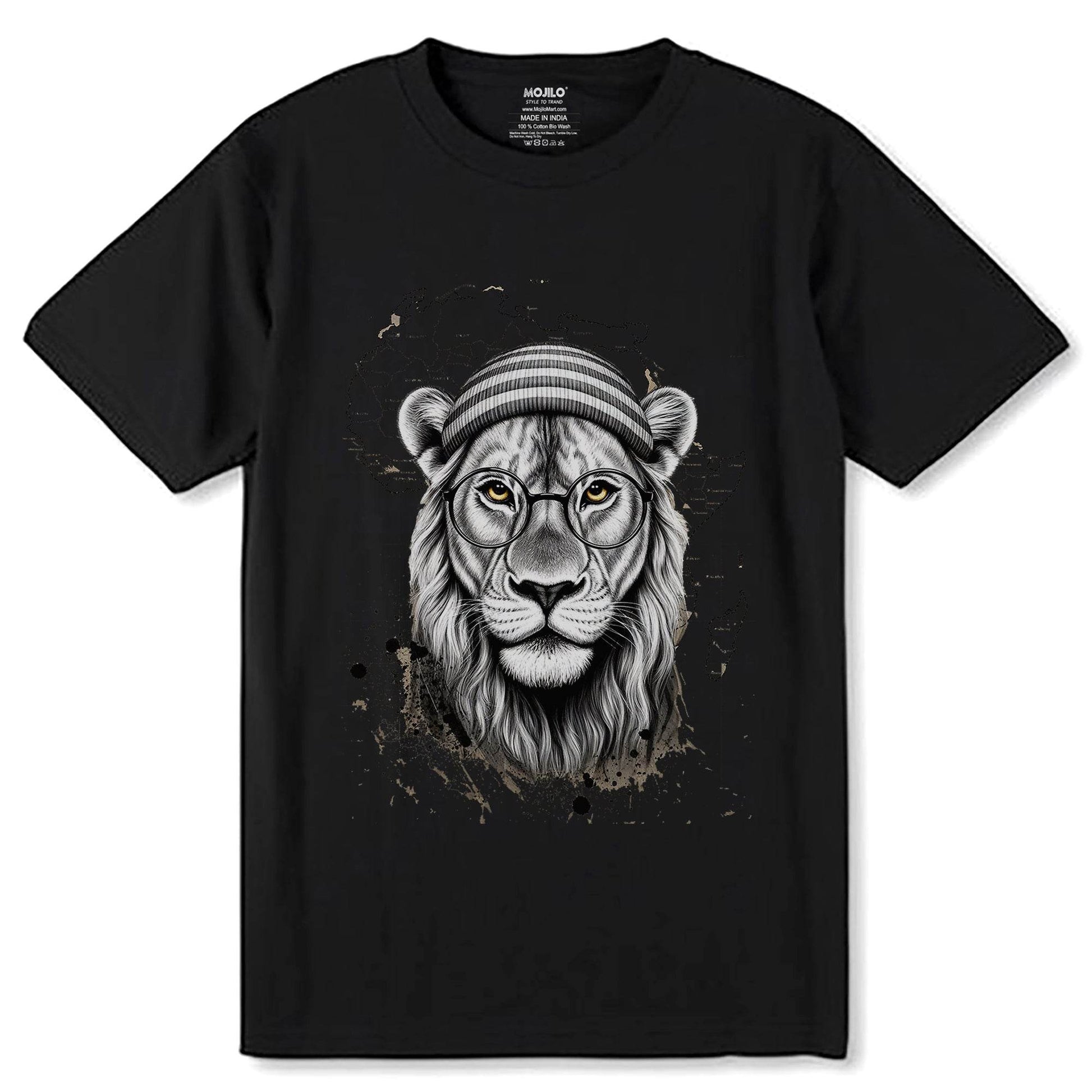 The Head Of A Lion With Glasses Drawn - Unisex Round Neck Regular Fit 100% Combed Cotton Half Sleeve T-Shirt - Mojilo Mart