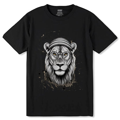 The Head Of A Lion With Glasses Drawn - Unisex Round Neck Regular Fit 100% Combed Cotton Half Sleeve T-Shirt - Mojilo Mart