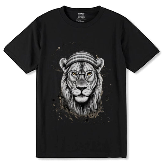 The Head Of A Lion With Glasses Drawn - Unisex Round Neck Regular Fit 100% Combed Cotton Half Sleeve T-Shirt - Mojilo Mart