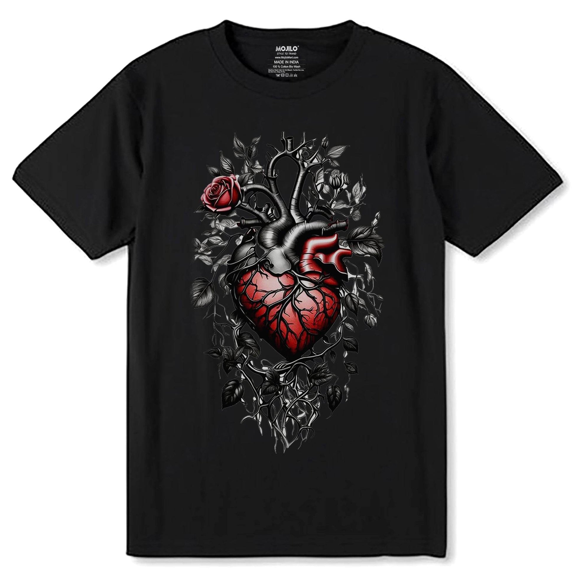 There is a heart with a skeleton and roses - Unisex Round Neck Regular Fit 100% Combed Cotton Half Sleeve T-Shirt - Mojilo Mart