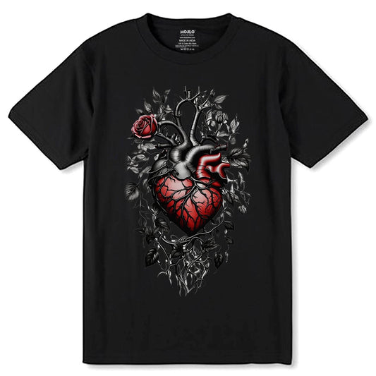 There is a heart with a skeleton and roses - Unisex Round Neck Regular Fit 100% Combed Cotton Half Sleeve T-Shirt - Mojilo Mart