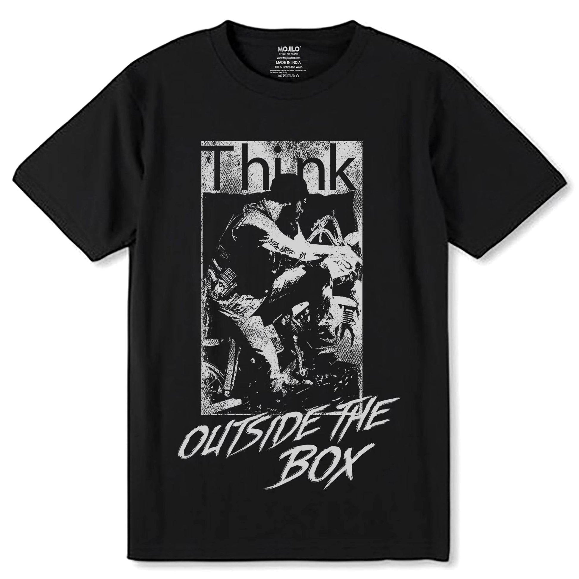 Think OUTSIDE THE BOX - Unisex Round Neck Regular Fit 100% Combed Cotton Half Sleeve T-Shirt - Mojilo Mart