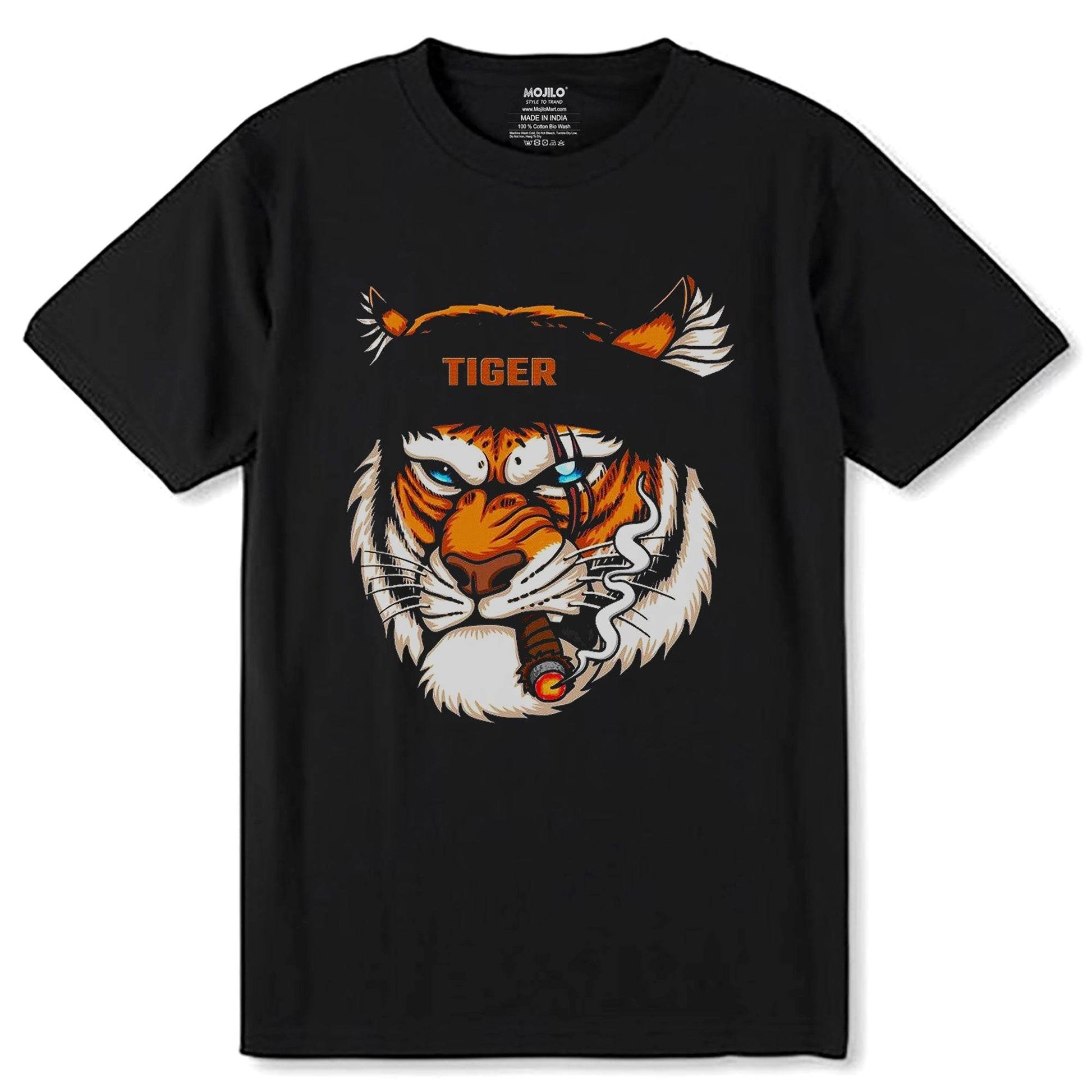 Tiger Head Wearing Bandana While Smoking - Unisex Round Neck Regular Fit 100% Combed Cotton Half Sleeve T-Shirt - Mojilo Mart