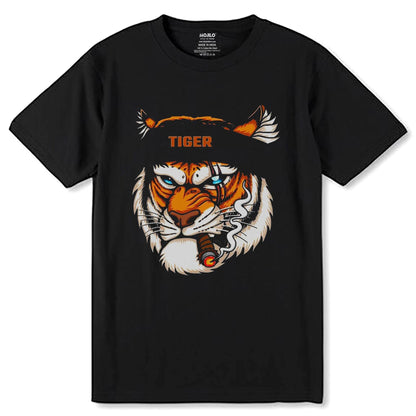 Tiger Head Wearing Bandana While Smoking - Unisex Round Neck Regular Fit 100% Combed Cotton Half Sleeve T-Shirt - Mojilo Mart