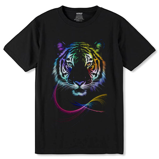 Tiger in neon colors - Unisex Round Neck Regular Fit 100% Combed Cotton Half Sleeve T-Shirt - Mojilo Mart