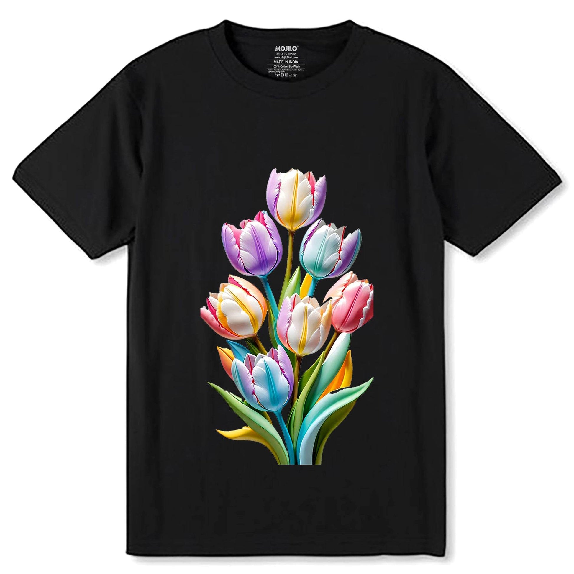 Tulips Flowers Plant Gardening Floral T-Shirt - Unisex Round Neck Regular Fit 100% Combed Cotton Half Sleeve T-Shirt - Mojilo Mart