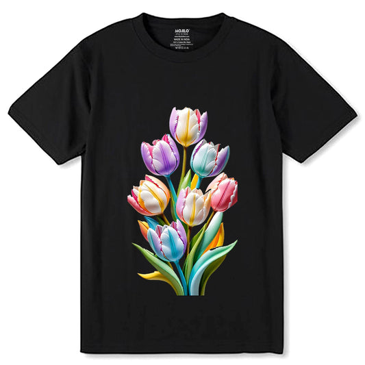 Tulips Flowers Plant Gardening Floral T-Shirt - Unisex Round Neck Regular Fit 100% Combed Cotton Half Sleeve T-Shirt - Mojilo Mart