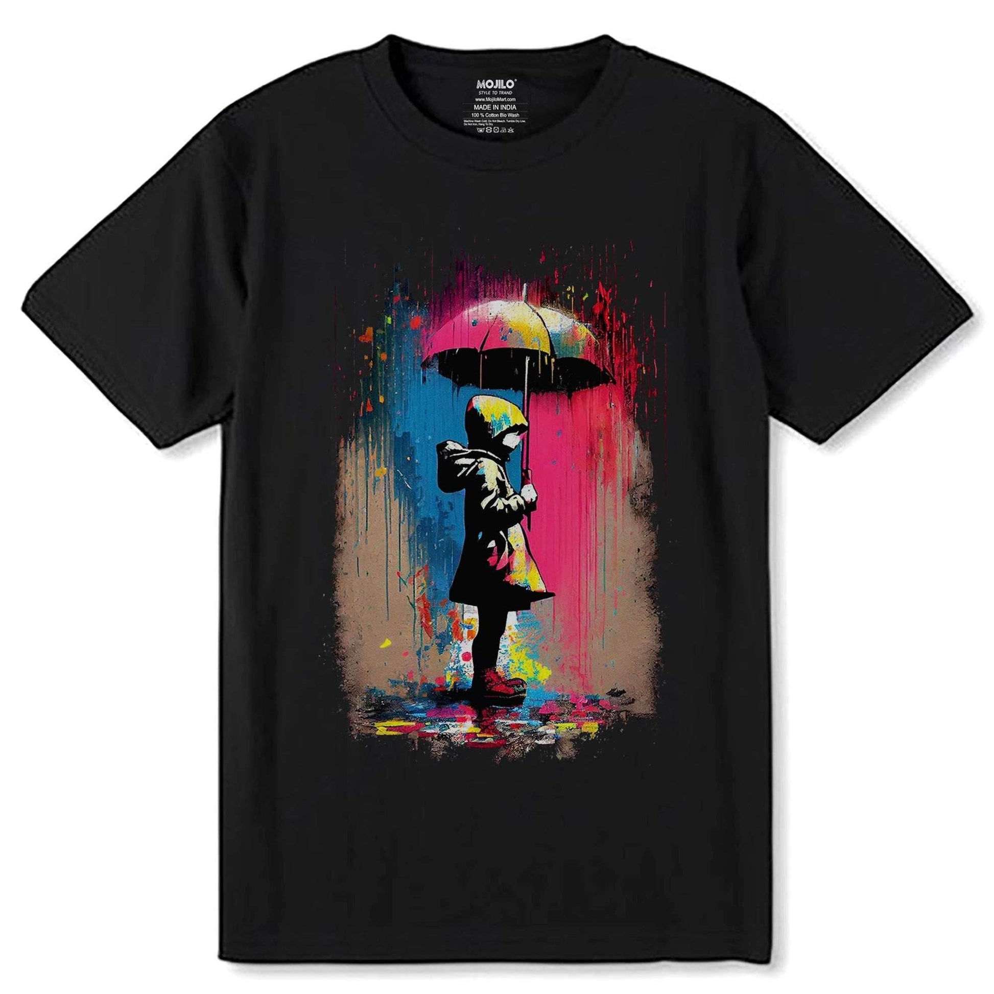 Umbrella Girl Rainbow Rain - Unisex Round Neck Regular Fit 100% Combed Cotton Half Sleeve T-Shirt - Mojilo Mart
