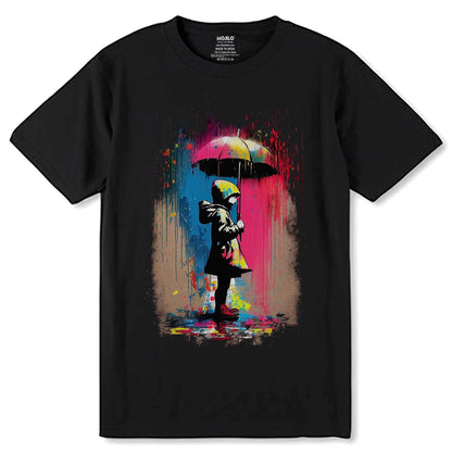 Umbrella Girl Rainbow Rain - Unisex Round Neck Regular Fit 100% Combed Cotton Half Sleeve T-Shirt - Mojilo Mart