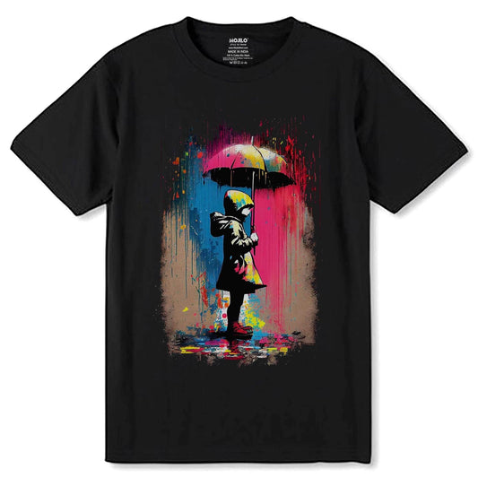 Umbrella Girl Rainbow Rain - Unisex Round Neck Regular Fit 100% Combed Cotton Half Sleeve T-Shirt - Mojilo Mart