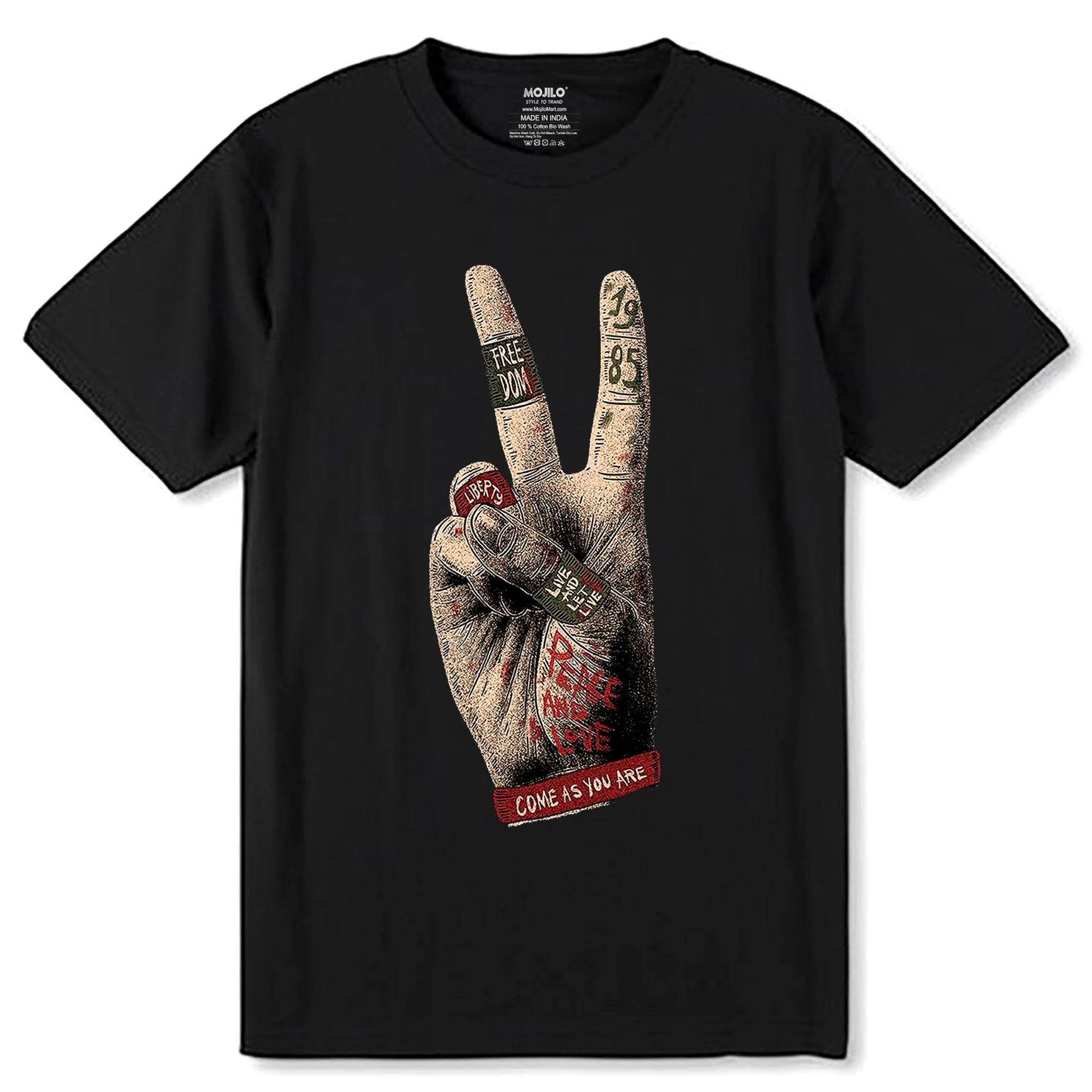 Victory Sign - Unisex Round Neck Regular Fit 100% Combed Cotton Half Sleeve T-Shirt - Mojilo Mart