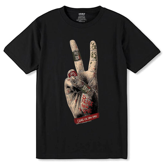 Victory Sign - Unisex Round Neck Regular Fit 100% Combed Cotton Half Sleeve T-Shirt - Mojilo Mart