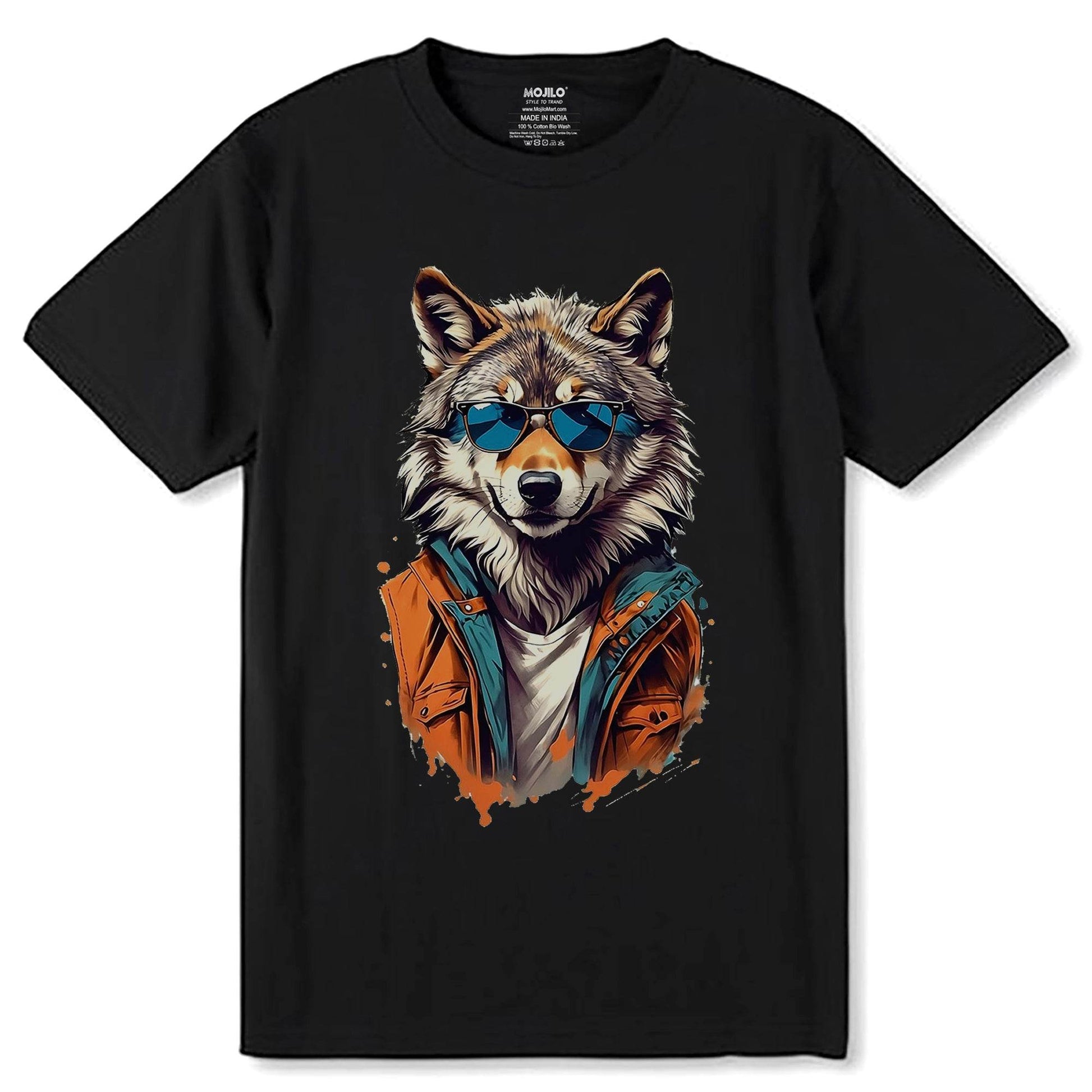 Wolf wearing sunglasses - Unisex Round Neck Regular Fit 100% Combed Cotton Half Sleeve T-Shirt - Mojilo Mart