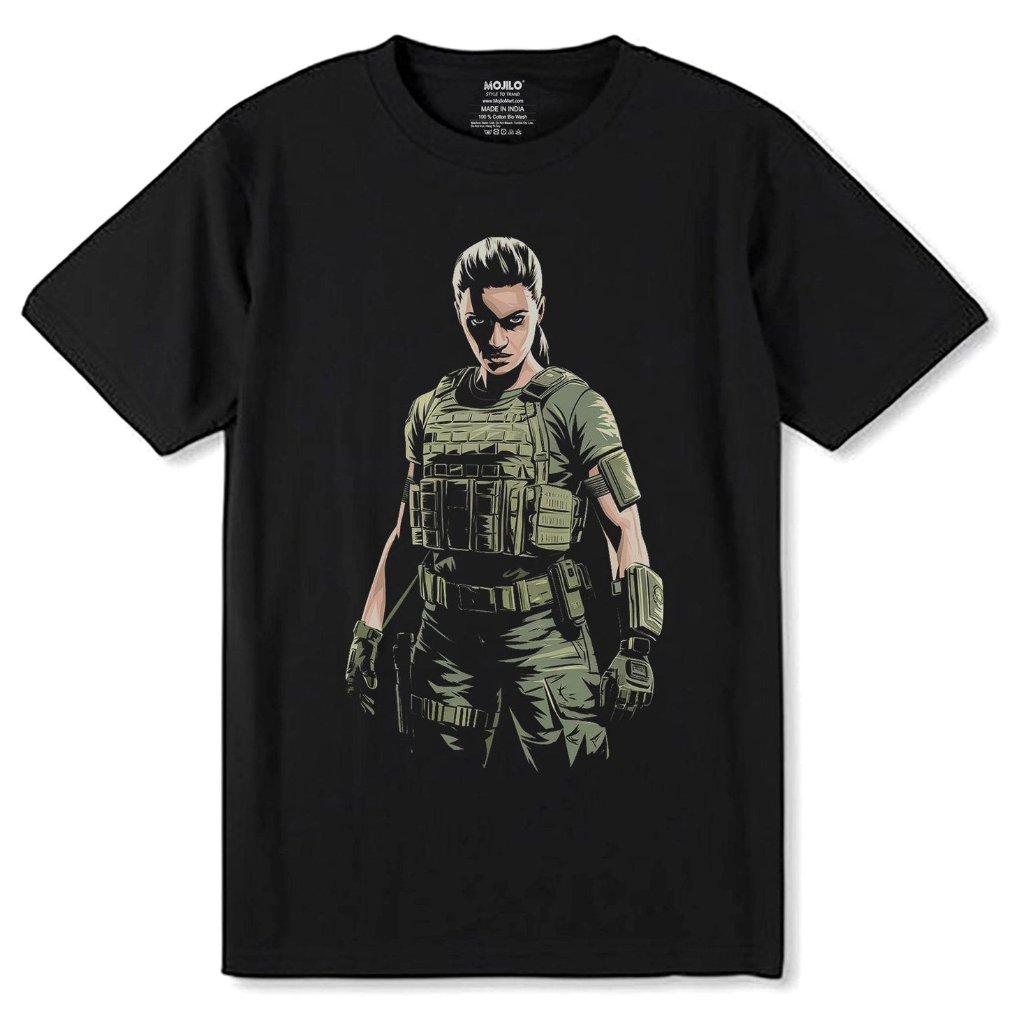 Woman in green military combat uniform - Unisex Round Neck Regular Fit 100% Combed Cotton Half Sleeve T-Shirt - Mojilo Mart
