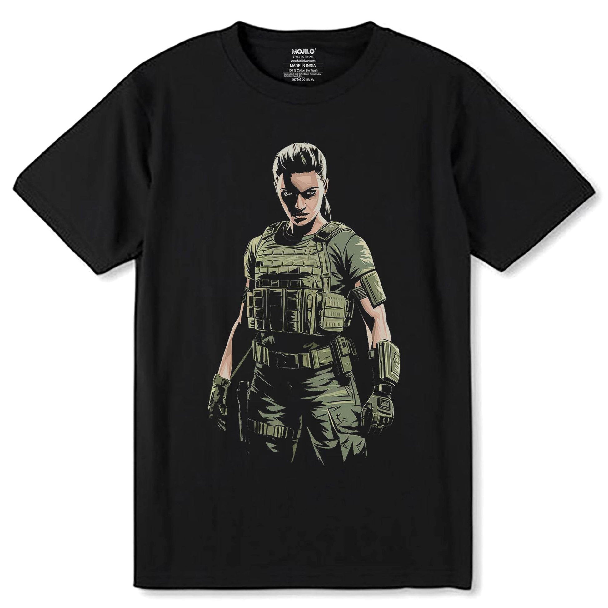 Woman in green military combat uniform - Unisex Round Neck Regular Fit 100% Combed Cotton Half Sleeve T-Shirt - Mojilo Mart
