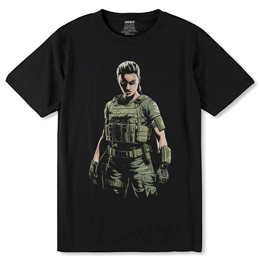 Woman in green military combat uniform - Unisex Round Neck Regular Fit 100% Combed Cotton Half Sleeve T-Shirt - Mojilo Mart