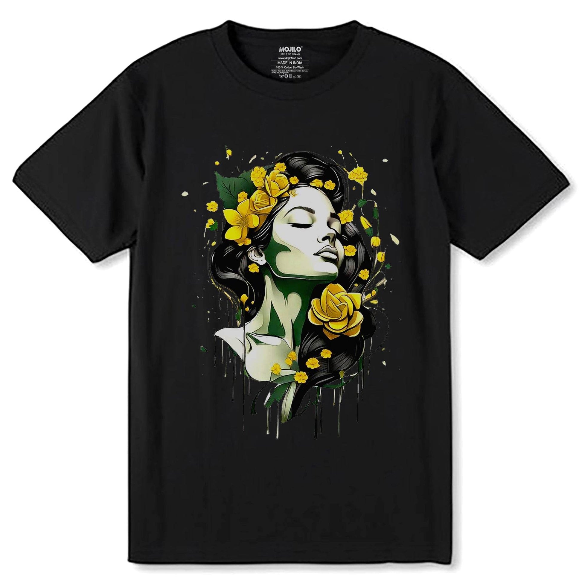 Woman with flowers art - Unisex Round Neck Regular Fit 100% Combed Cotton Half Sleeve T-Shirt - Mojilo Mart