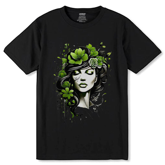 Woman with flowers art in green - Unisex Round Neck Regular Fit 100% Combed Cotton Half Sleeve T-Shirt - Mojilo Mart