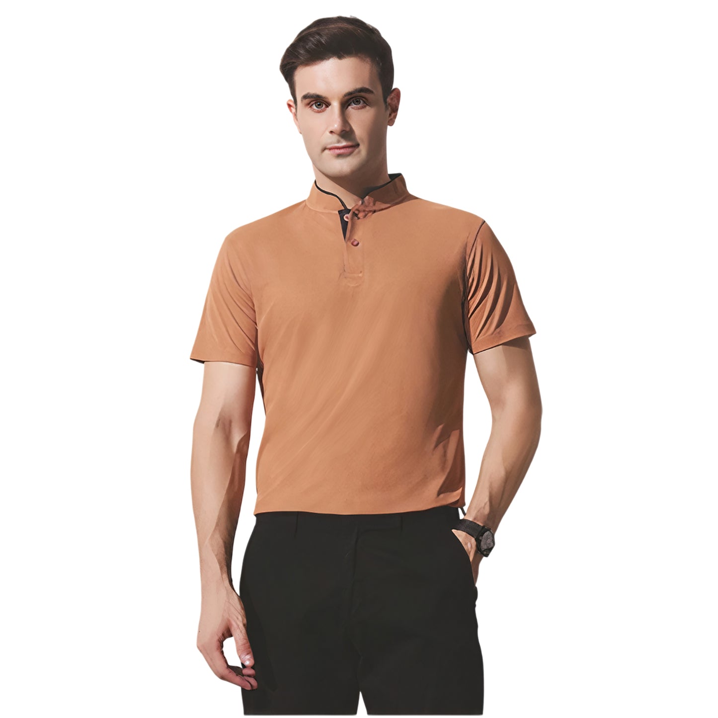 Chinese Collar Polyester FD Matty T-Shirt with DTF Printing, GSM 220 custom T-shirt With Logo Printing