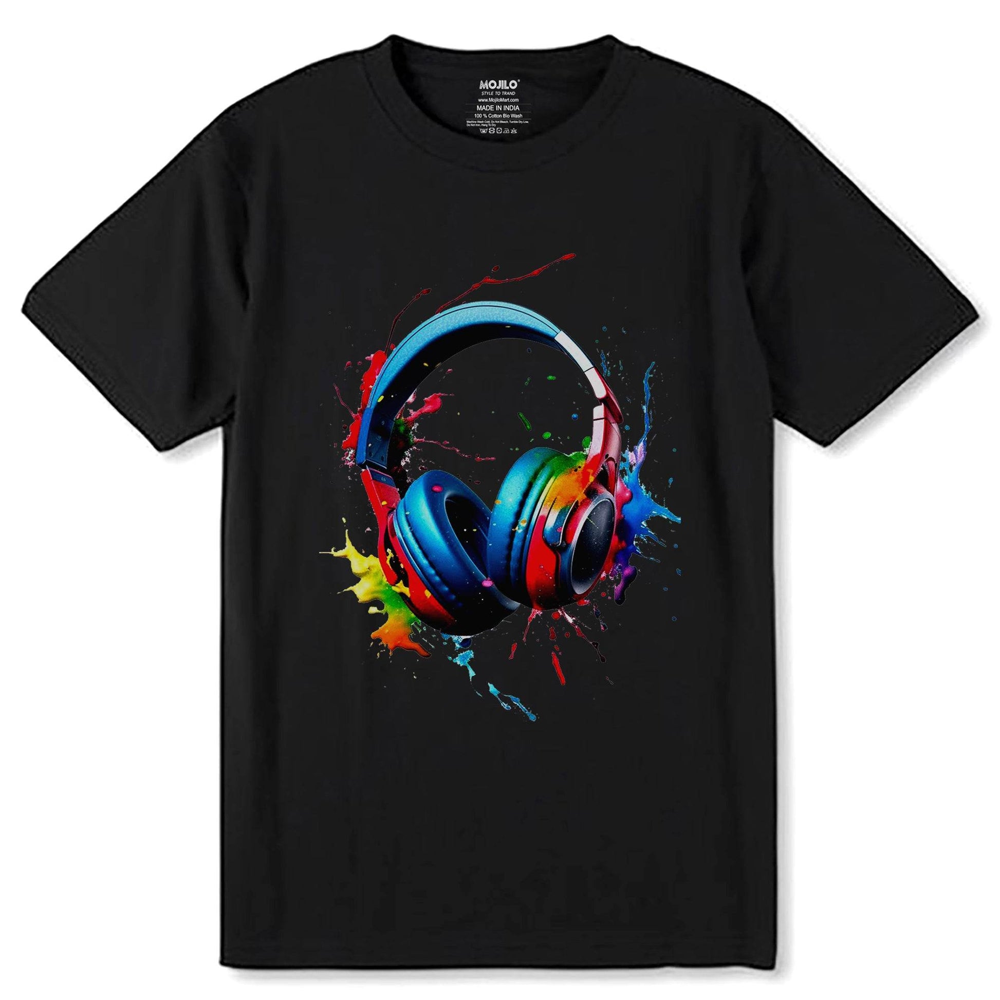 Colored headphones with a splash of paint - Unisex Round Neck Regular Fit 100% Combed Cotton Half Sleeve T-Shirt - Mojilo Mart