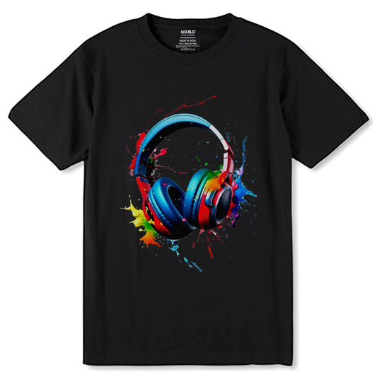 Colored headphones with a splash of paint - Unisex Round Neck Regular Fit 100% Combed Cotton Half Sleeve T-Shirt - Mojilo Mart
