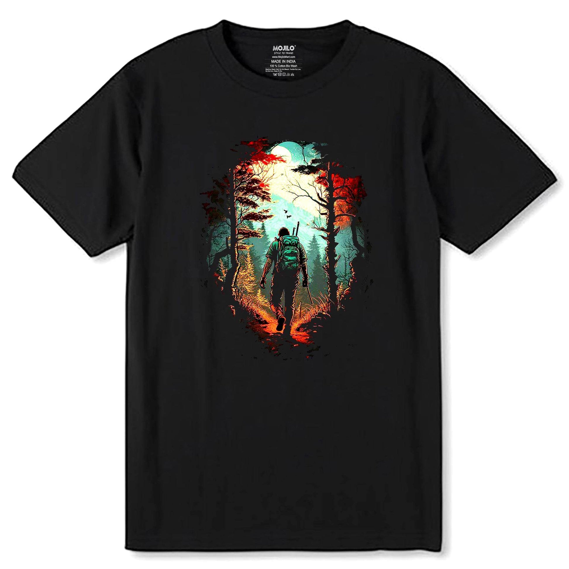 person walking in a forest with a bird flying - Unisex Round Neck Regular Fit 100% Combed Cotton Half Sleeve T-Shirt - Mojilo Mart