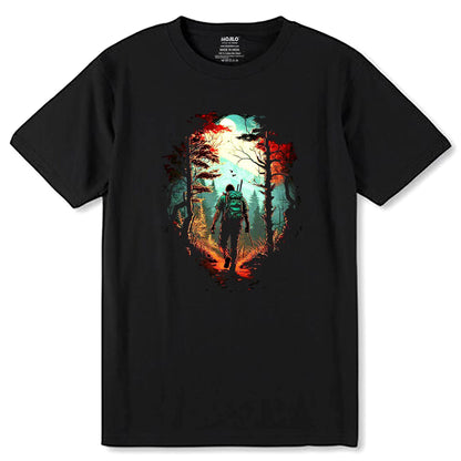 person walking in a forest with a bird flying - Unisex Round Neck Regular Fit 100% Combed Cotton Half Sleeve T-Shirt - Mojilo Mart